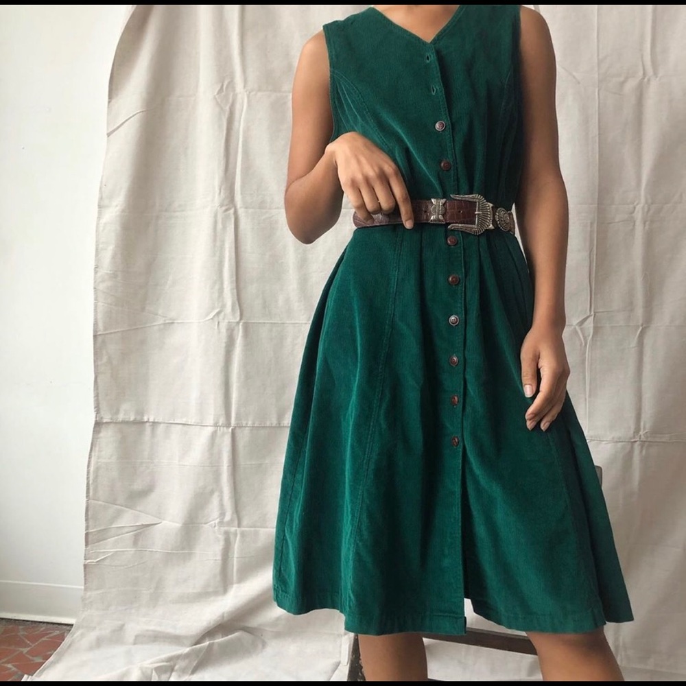 Vintage green corduroy green button front dress